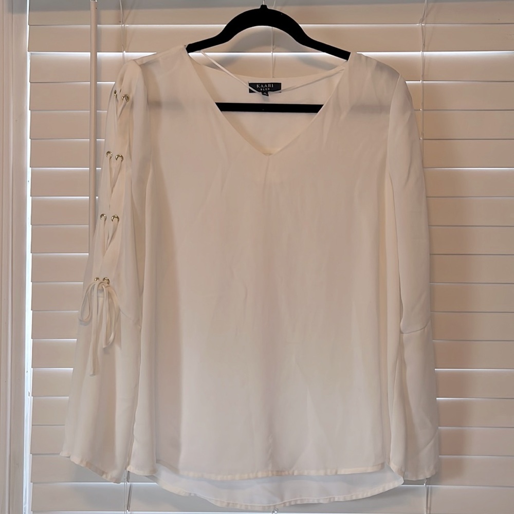 White flowy, lace-up sleeve blouse with gold detailing